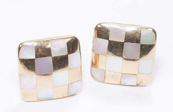 Lot 228: Pair 14K Yellow Gold & Mother of Pearl Earrings
