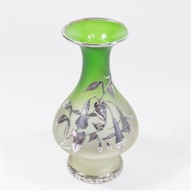 Lot 327: Art Glass Silver Overlay Green Vase with Flowers