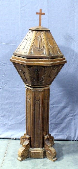 Catholic Baptismal Font with Cover, Carved Heart, Cross, and Anchor Symbolizing Love, Faith, and Hope, Scrolled Feet, 20"W x 60"H
