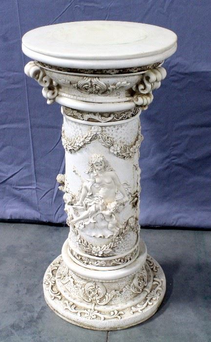 Resin Column with Ornate Venus Disarming Cupid Relief Scene, 32"H x 14"Dia