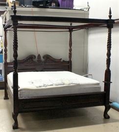 Hand Carved Filipino Mahogany King Size 4 Poster Bed w/ Barley Twist Posts & Carved Canopy Cornice, Includes Mattress & Box Spring, 85" x 8' x 90.5"