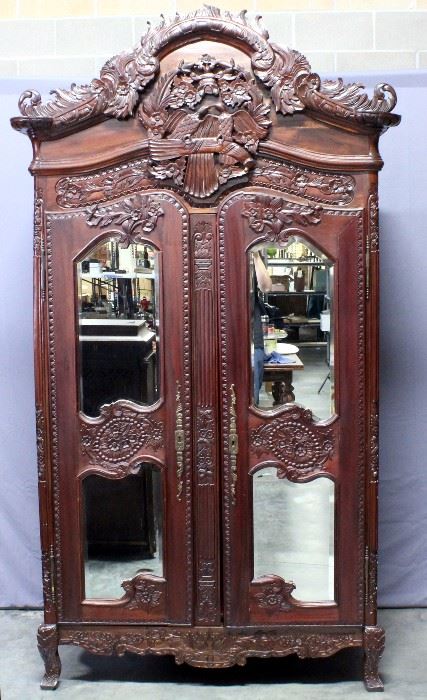 Hand Carved Filipino Mahogany Knockdown Armoire / Wardrobe with Beveled Mirror Front, Approximately 50" x 9 Feet x 24"
