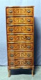 Serpentine Front 7 Drawer Chest of Drawers with Inlaid Wood Veneers, 22"W x 58"H x 16"D