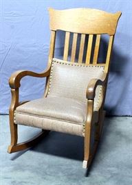 Vintage Rocking Chair with Padded Upholstered Seat and Metal Rivets, 22"W x 37"H