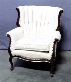 Fan / Channel Back Upholstered Armchair with Carved Wood Frame and Rivets, 33"W x 35.5"H x 28"D