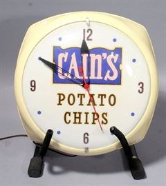 Cain's Potato Chips Lighted Wall Clock Made By American Sign Co., 15"D, Works