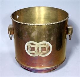 Large Brass Storage Pot / Planter, 14"H x 14"D, and The Diamond Match Company Tin Advertising Box