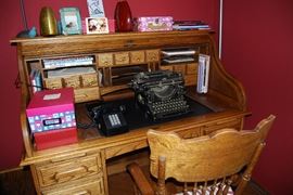 Oak Roll Top Desk and Chair, Underwood Typewriter, Vintage Telephone, Decor