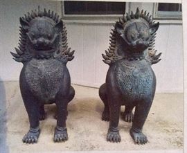 Large pair of Southeast Asian bronze lions.  Sometimes called Foo dogs. Made of bronze, 36" high.  They are door guardians and must be kept together. 