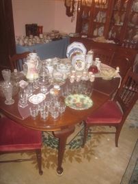 WALNUT DINING TABLE & CHAIRS.  CHERRY CHINA CABINET
