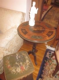 INLAID TILT TOP TABLE.  BEADED STOOL