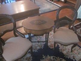 ANTIQUE INLAID SEWING TABLE & BALLOON BACK  SIDE CHAIRS