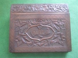 HAND CARVED ANTIQUE LAP DESK W/ ORIGINAL INK WELL & POWDER BOTTLE