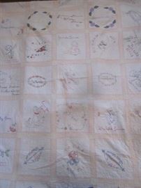 EMBROIDERED "QUILTING CIRCLE" QUILT.  DATED 1940