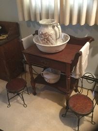 Antique washstand, child-size wrought iron chairs