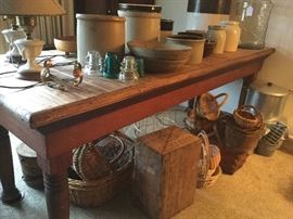 Fabulous butcher block meat shop peninsula table. This item will be on bid.