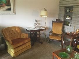 Gold tufted chair, Eastlake table, Eastlake platform rocker