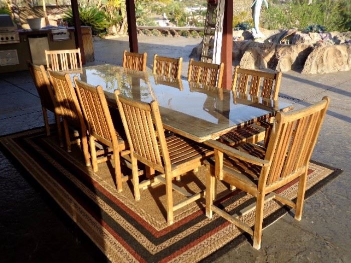 Barlow Tyrie Teak Table and 10 chairs-has custom glass top as well. Call for price!!