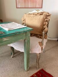 Louis XV style fauteuil, burlap upholstery, detail of custom finished gathering table  