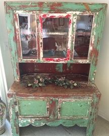 Custom finished cottage cabinet; Vintage tole floral candle holders