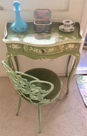 Small Desk...for your iPad; cast iron vanity seat with floral inset back
