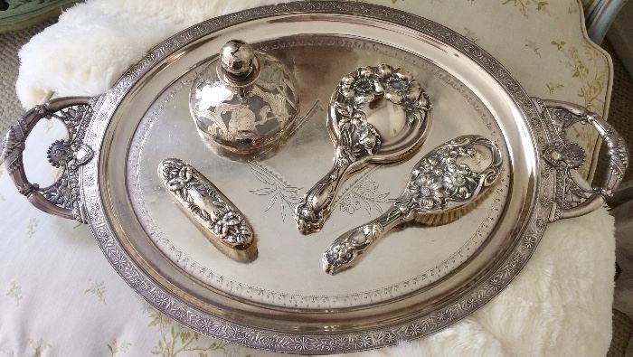 Elegant Sterling Dresser Pieces; Aesthetic period tray; Fluffy throw