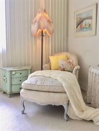 Luxurious Chaise and Floor Lamp with Vintage Handmade Shade; hand painted diminutive commode 