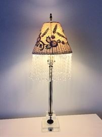 Crystal candlestick table lamp with beaded floral motif and beaded fringe