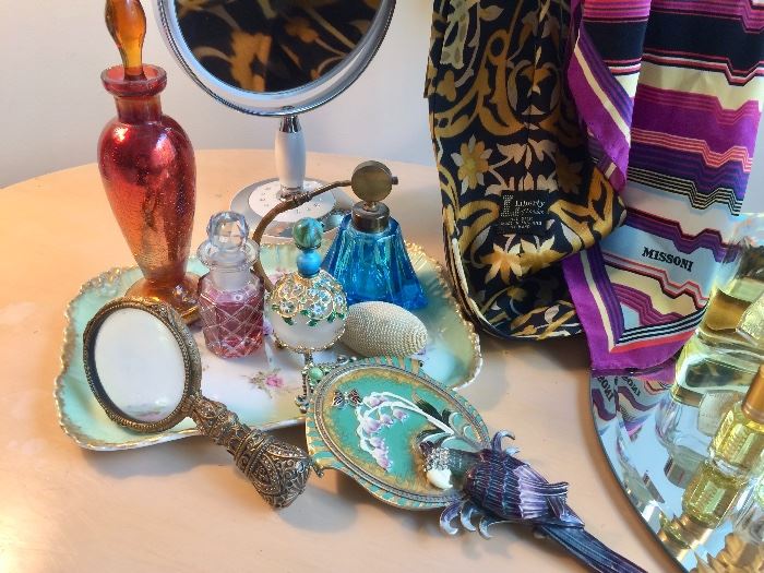 Porcelain Perfume Tray; Designer Scarves; Scent bottles; Magnifier;  Parrot hand-mirror (Jay Strongwater style)