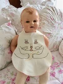 1930's Composition Doll.  Hand Embroidered Bunny  Baby's Bib.