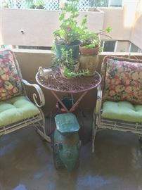 Painted metal folding garden/bistro table; plants in beautiful vessels