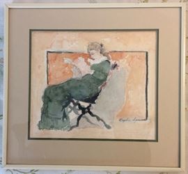 Original Watercolor by Daphne Spencer, "Seated women reading"