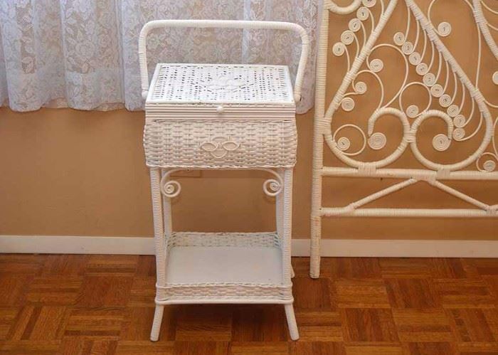 BUY IT NOW!  LOT #206, White Wicker Sewing Basket Table, $35