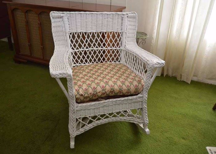 BUY IT NOW!  LOT #209, White Wicker Rocking Chair with Cushion, $65