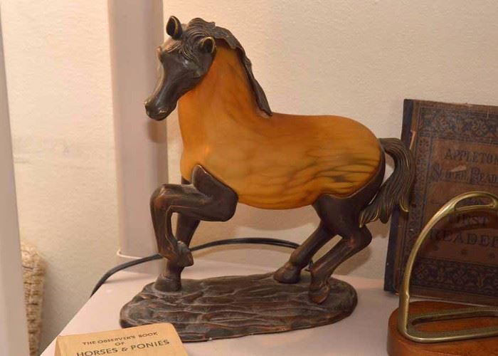 SOLD--LOT #227, Tiffany Style Amber Glass Horse Lamp, $45