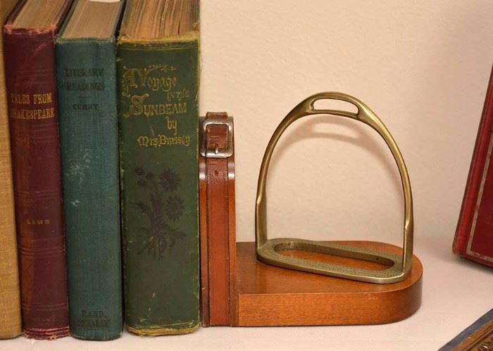 BUY IT NOW!  LOT #228, Brass & Wood Stirrup Bookends, $10