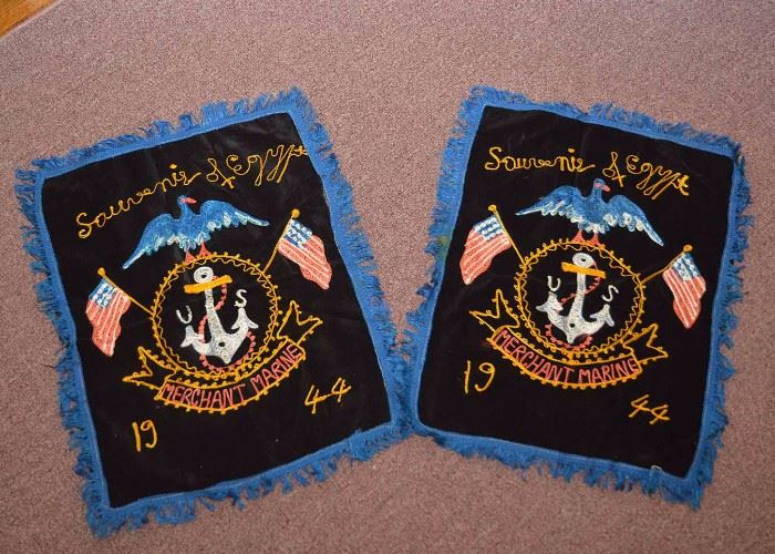 WWII US Merchant Marine Embroidered Linens, Souvenir of Egypt, 1944