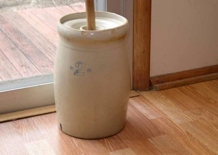SOLD--LOT #245, Vintage 2 Gallon Stoneware Butter Churn (Chip)