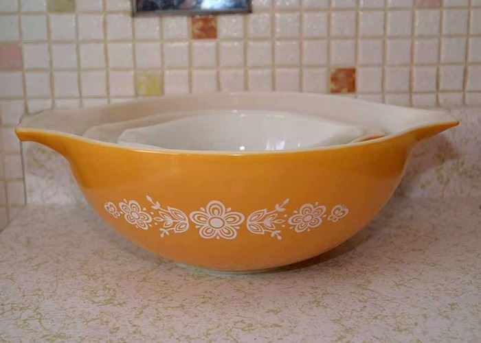 SOLD--LOT #246, Vintage Pyrex Cinderella Mixing Bowls (Butterfly Gold Pattern), $30