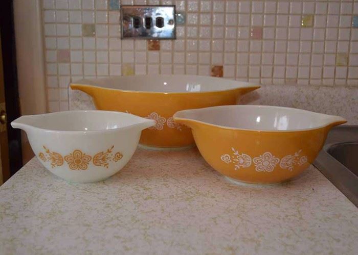 SOLD--LOT #246, Vintage Pyrex Cinderella Mixing Bowls (Butterfly Gold Pattern), $30