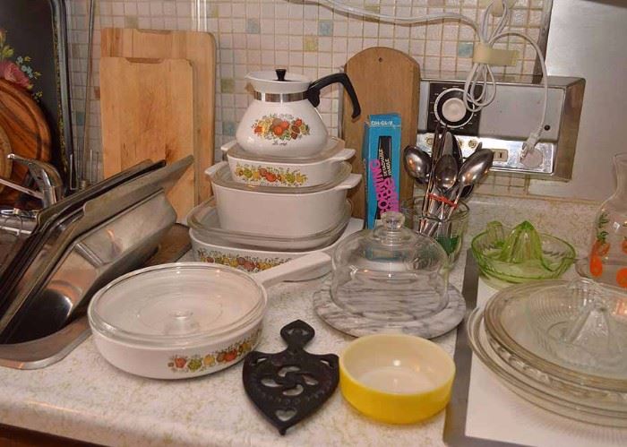 Corningware Baking Dishes, Pan, & Coffee Pot, Cheese Serving Dome, Cast Iron Trivet, Etc.