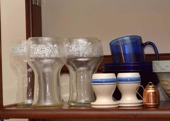 Vintage Pepsi Cola Glasses, Cobalt Glass Dishes, & Egg Cups