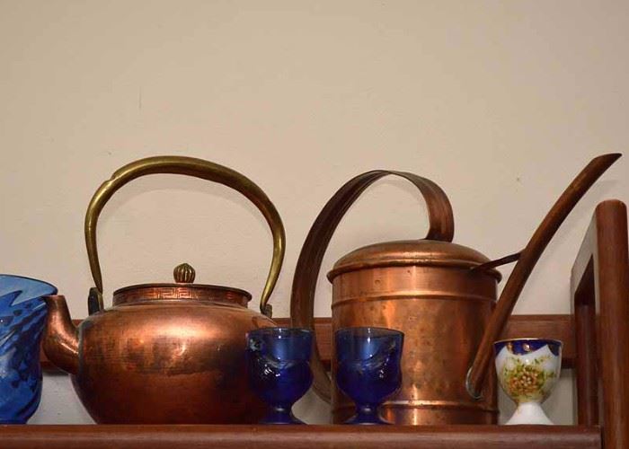 Copper Tea Pot, Copper Watering Can, Cobalt Blue Glass Egg Cups