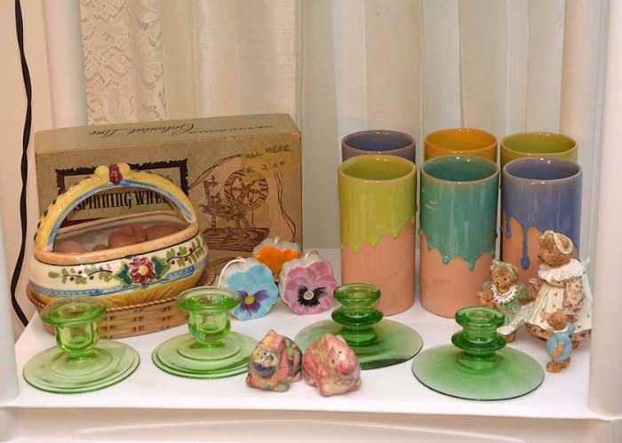 Green Glass Candlesticks, Pottery Tumblers, Figurine & More