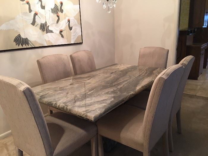 marble dining table with 6 upholstered chairs