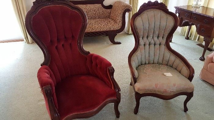 Beautiful deep red gentleman's chair and brocade lady's chair - mahogany and very old