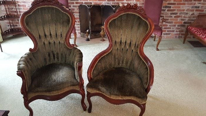 Matched pair - lady and gentleman's upholstered mahogany chairs - excellent condition.