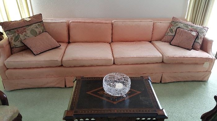 Lovely upholstered sofa - measures 8 feet from inside arm to arm.  Beautiful inlaid table in the foreground.