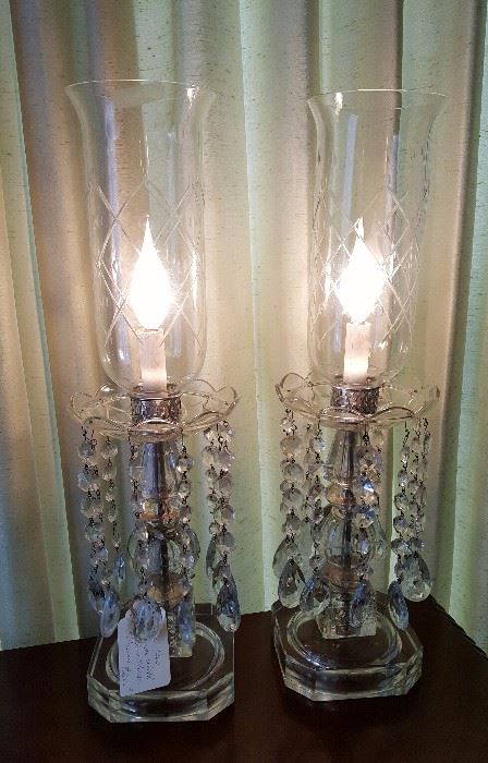 Very nice pair of tall glass lamps with prisms and etched shades - circa 1940's.