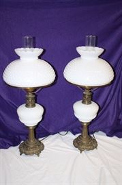 Pair of 40's Hobnail Milk Glass Lamps